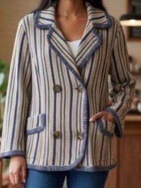 M By Missoni Italy Knit Cardigan Jacket  Blue Beige Stripe Coat Sz 8 Viscose